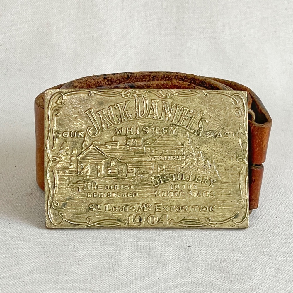Vintage Brass Jack Daniel’s Belt Buckle on Brown Leather Belt